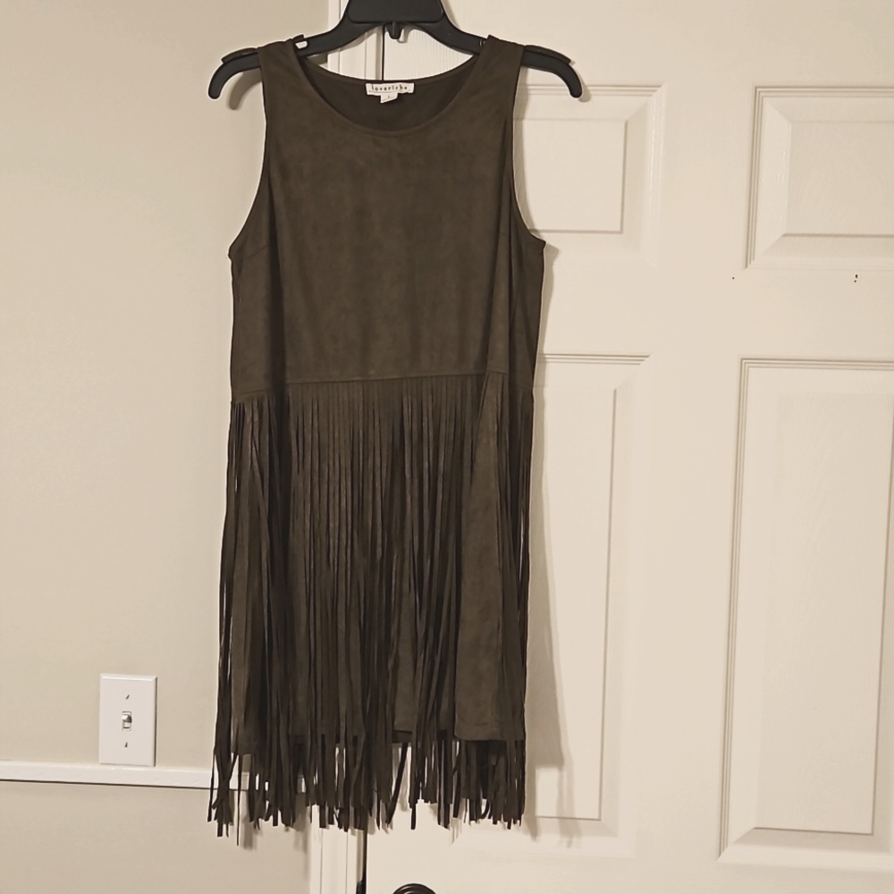Olive green fringe suede dress